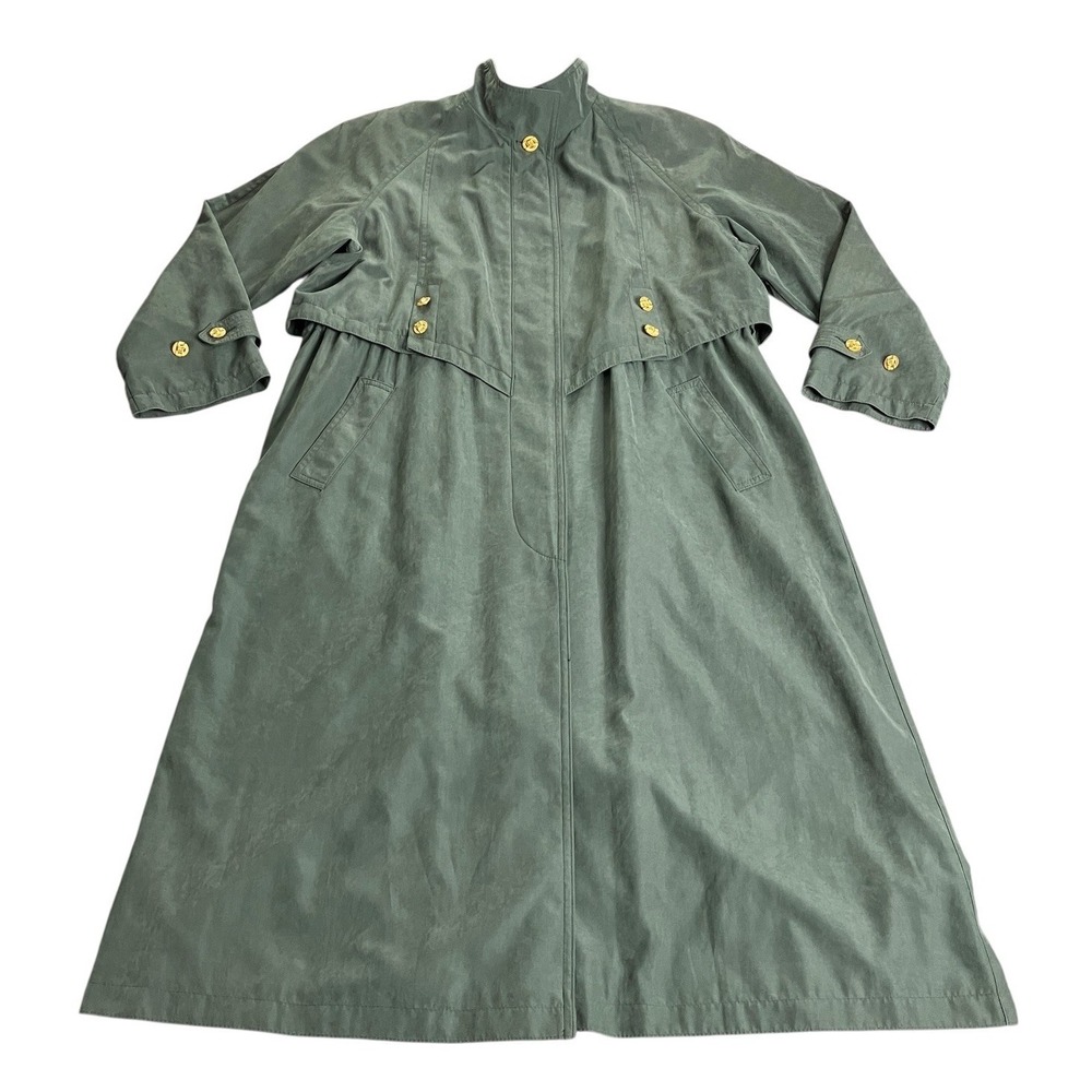 VTG 90s Fleet Street Trench Coat Womens 16 Green Military Raincoat Cape Overlay